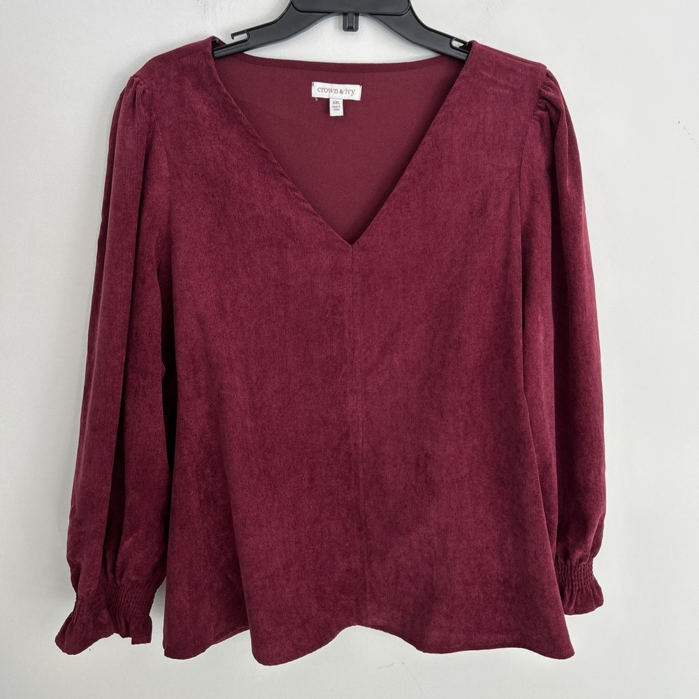 crown & Ivy Sz XXL Corduroy Smocked Baby Doll Long Sleeve Burgundy V-Neck Blouse